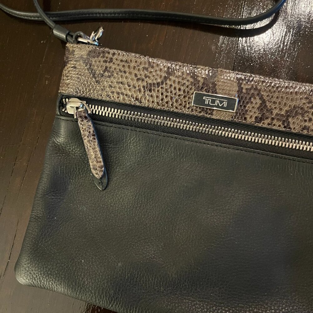 Tumi Crossbody Purse, Black with Snakeskin Accent